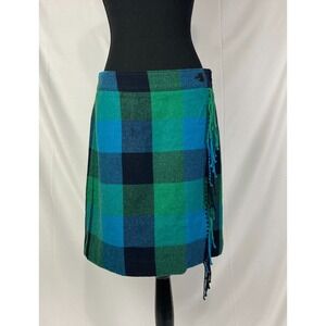 Talbots Green & Blue Buffalo Plaid Fringe Trim Wool Blend Mini Skirt Size 6